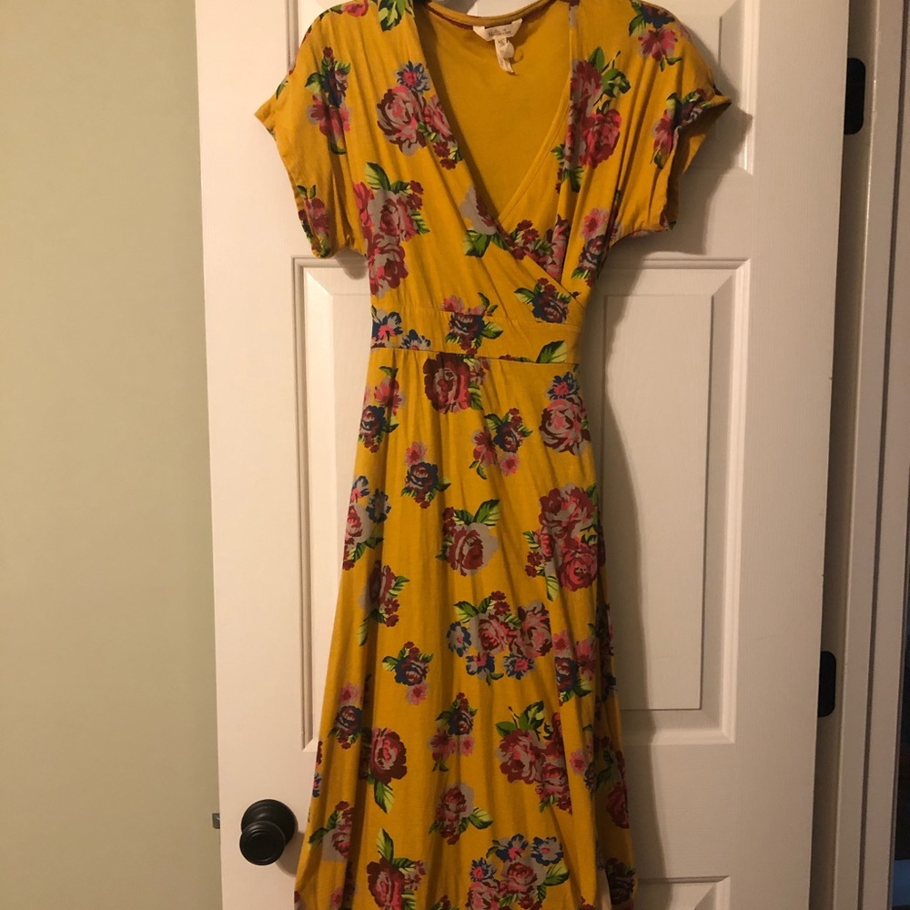 Mustard pink floral wrap tie maxi dress